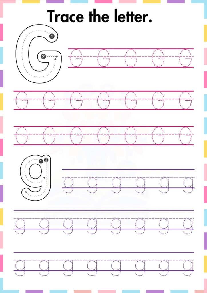 Trace and practice both Capital and small G preschool worksheet