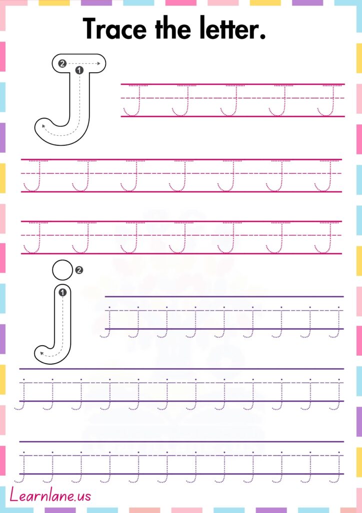 Trace and practice both Capital and small J preschool worksheet