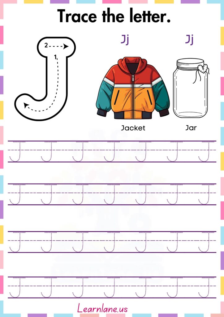 Trace and practice the letter Capital J worksheet for preschool