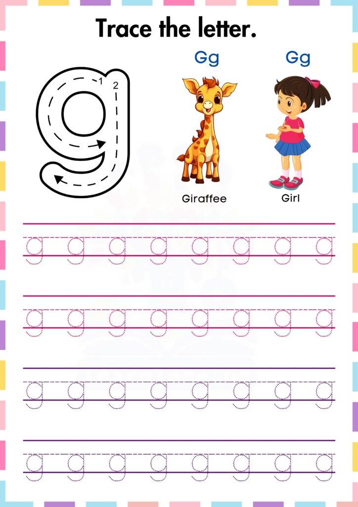 Trace and practice the small letter G preschool worksheet