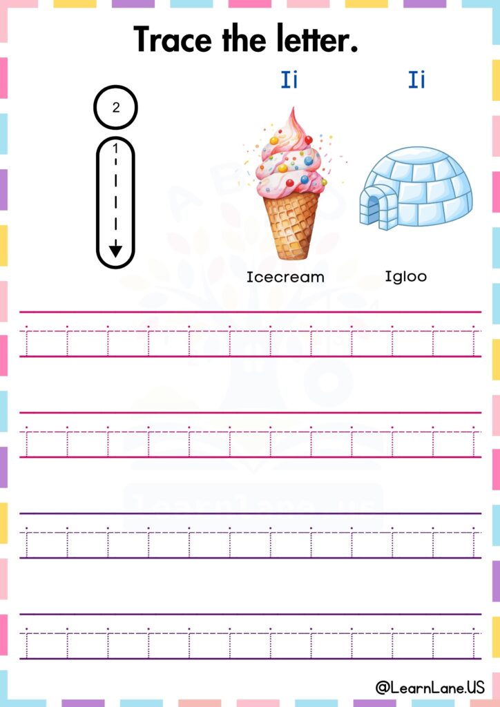 Trace and practice the small letter I preschool worksheet