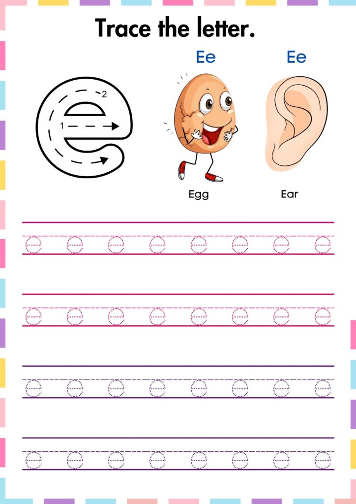 Trace and practice the small letter e preschool worksheet