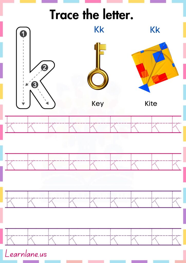 Trace and practice the small letter k preschool worksheet