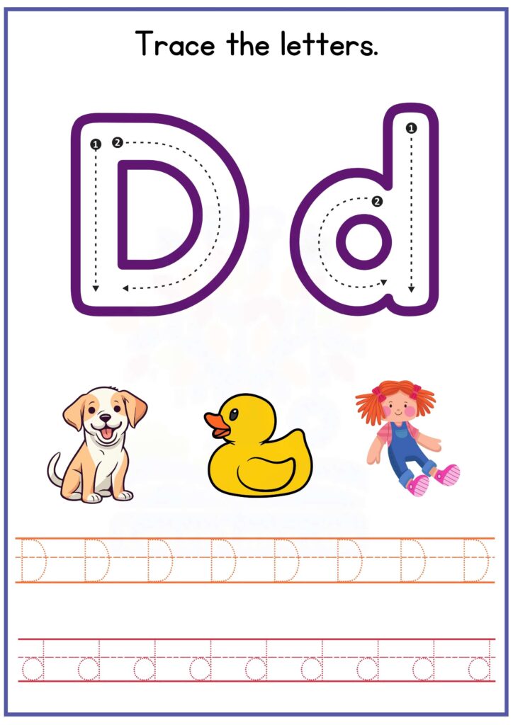 Trace both letters CAPITAL AND SMALL d preschool worksheet