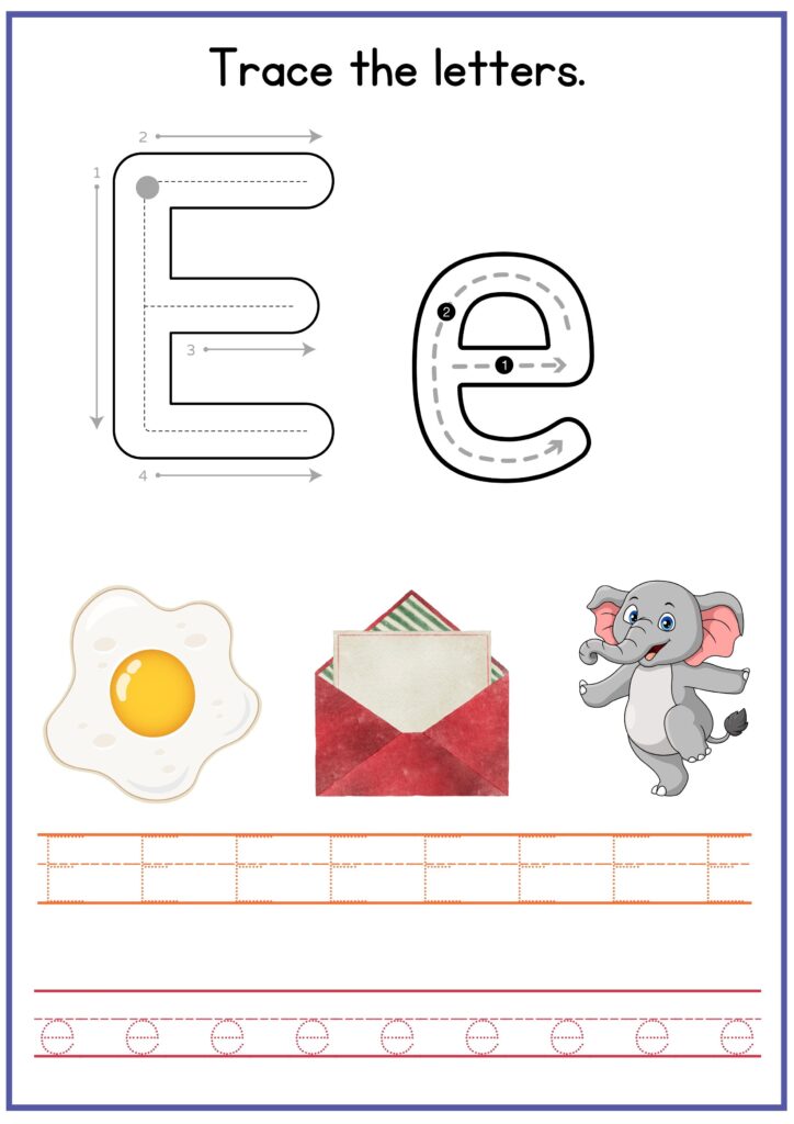 Trace both letters CAPITAL AND SMALL e preschool worksheet