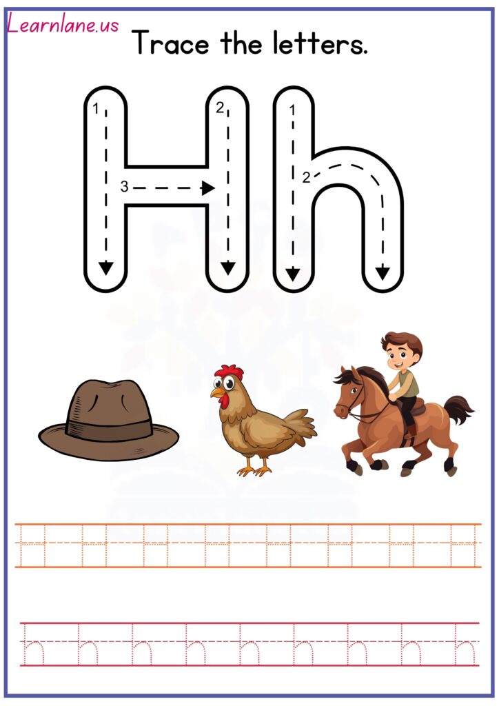 Trace both letters CAPITAL AND SMALL h preschool worksheet