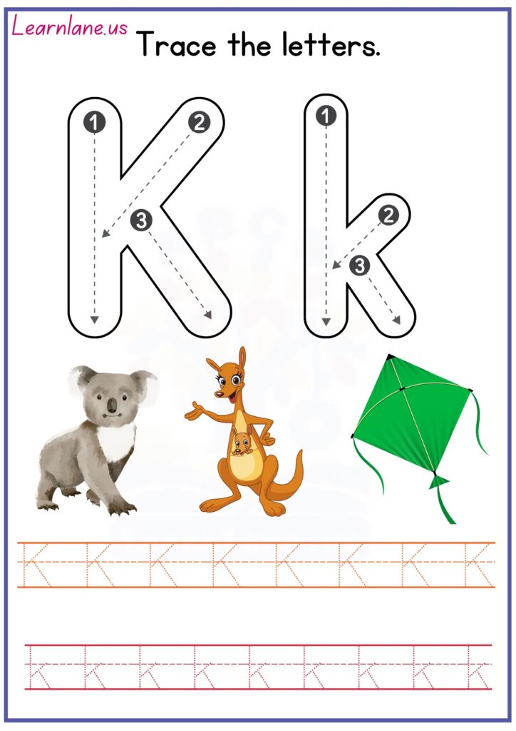 Trace both letters CAPITAL AND SMALL k preschool worksheet
