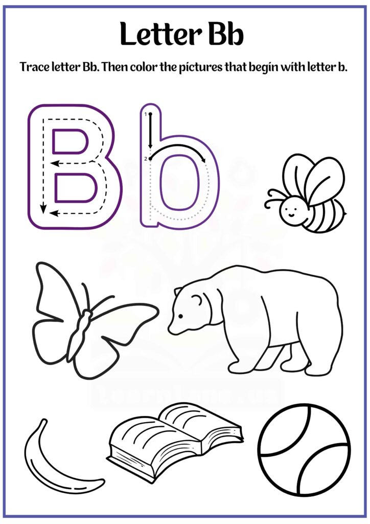 Trace letter B and color pictures that begin with letter b worksheet