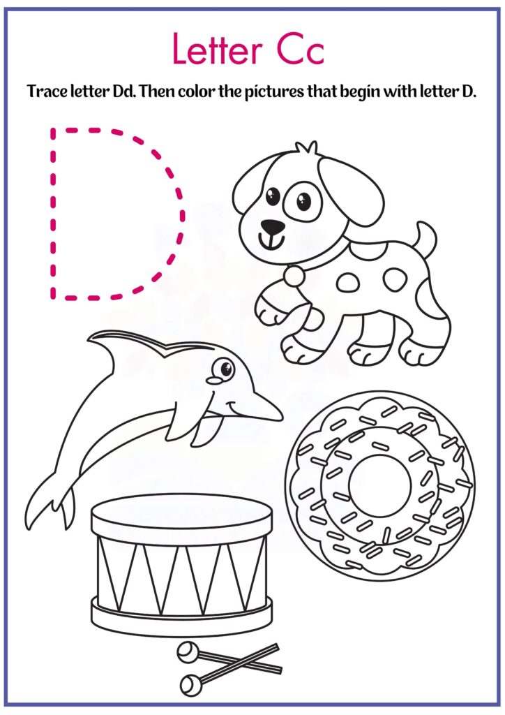 Trace letter D and color pictures that begin with letter d worksheet