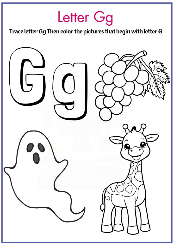 Trace letter G and color pictures that begin with letter G worksheet
