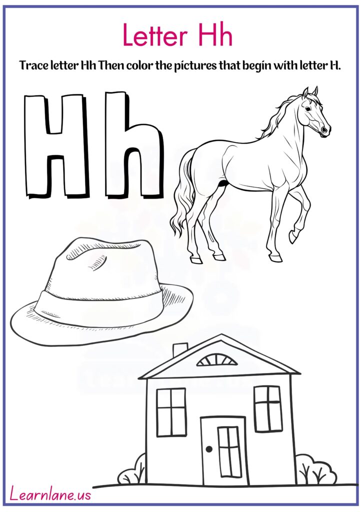 Trace letter H and color pictures that begin with letter H worksheet