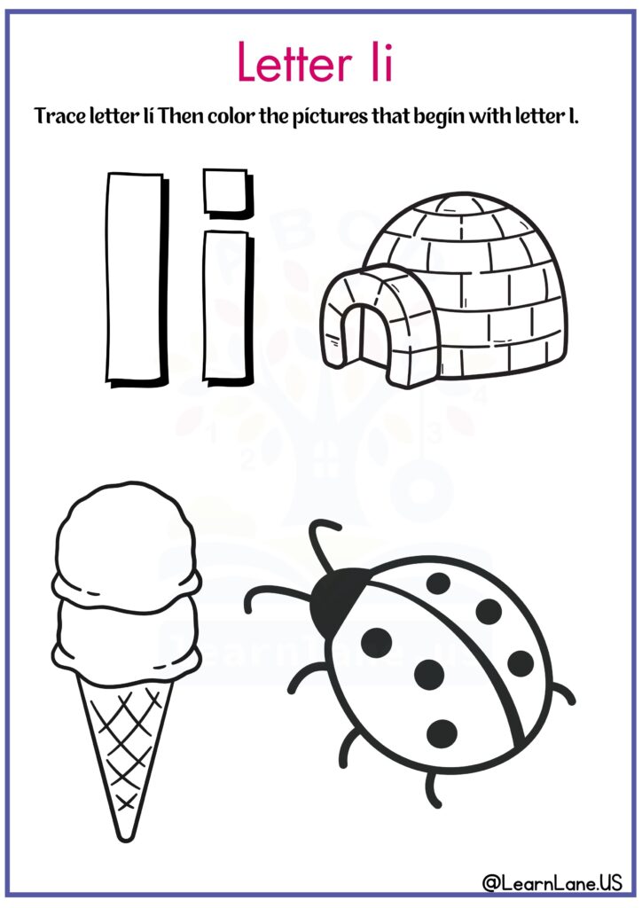 Trace letter I and color pictures that begin with letter I worksheet