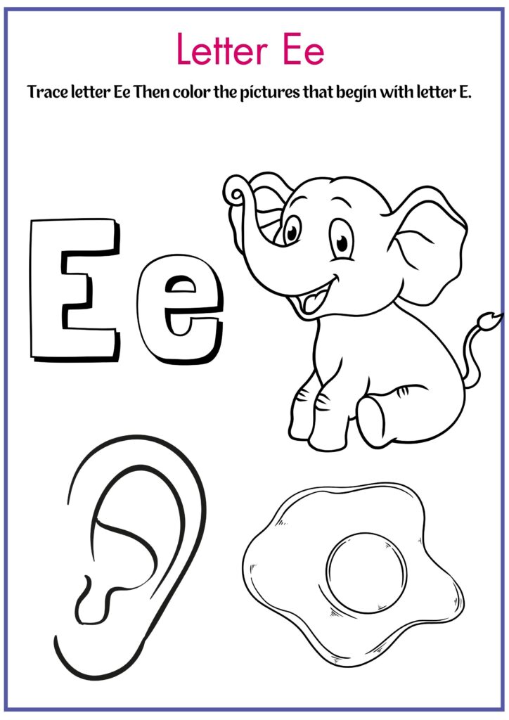 Trace letter e and color pictures that begin with letter e worksheet
