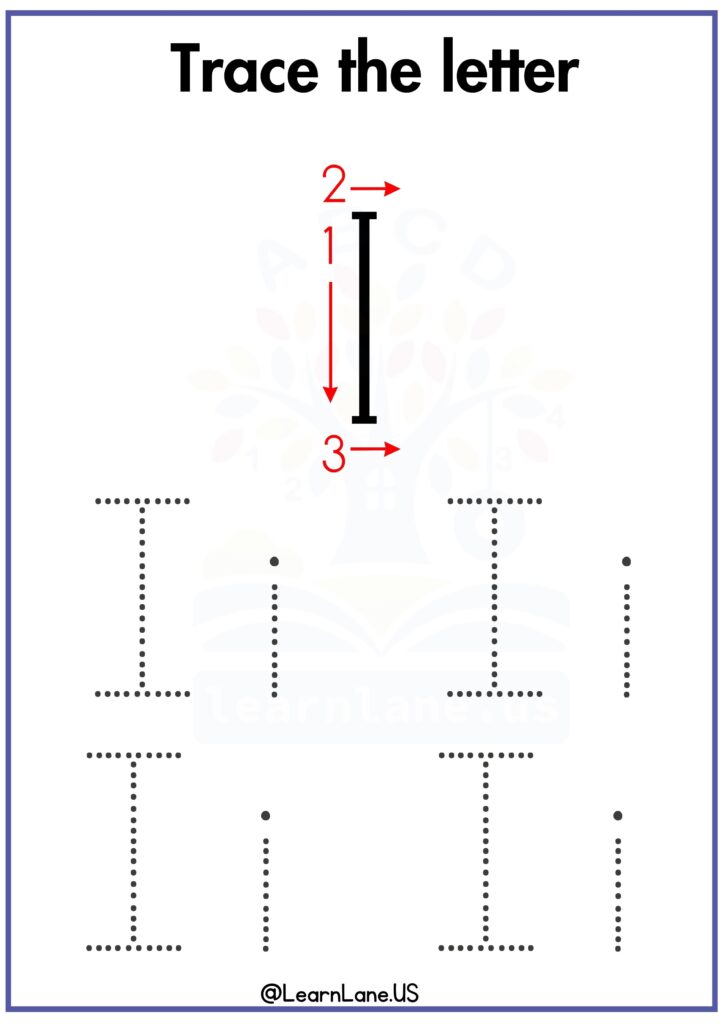 Trace the capital and small letter I following arrow worksheet for preschool