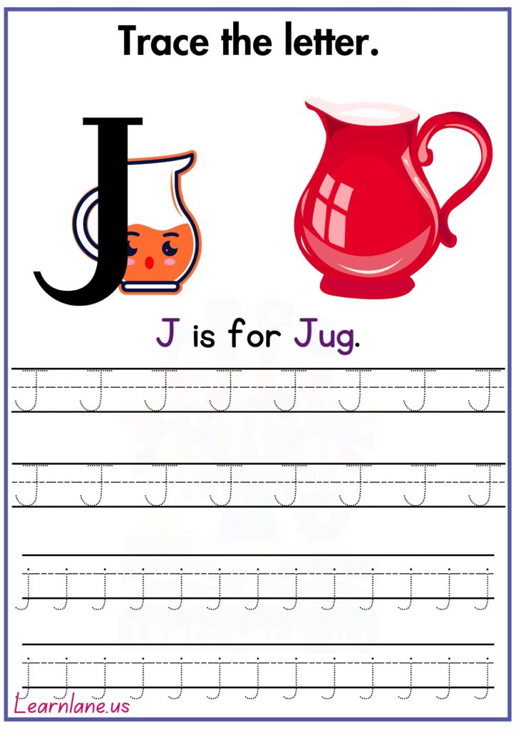 Trace the letter J and practice writing h worksheet for preschool