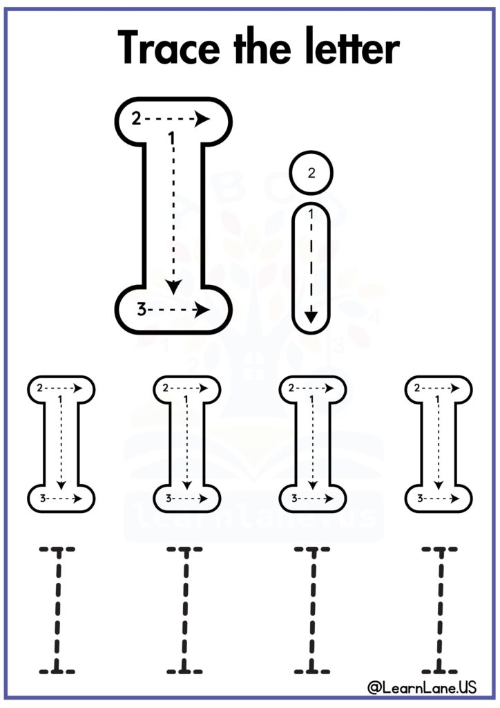 Trace the letter capital I following arrow worksheet for preschool