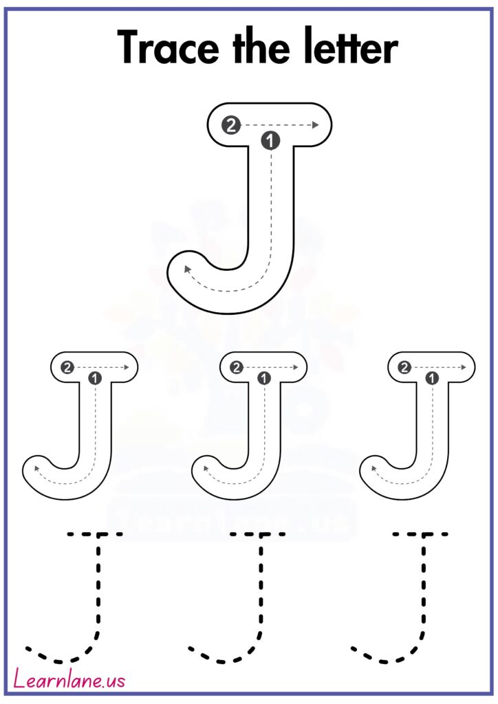 Trace the letter capital J following arrow worksheet for preschool