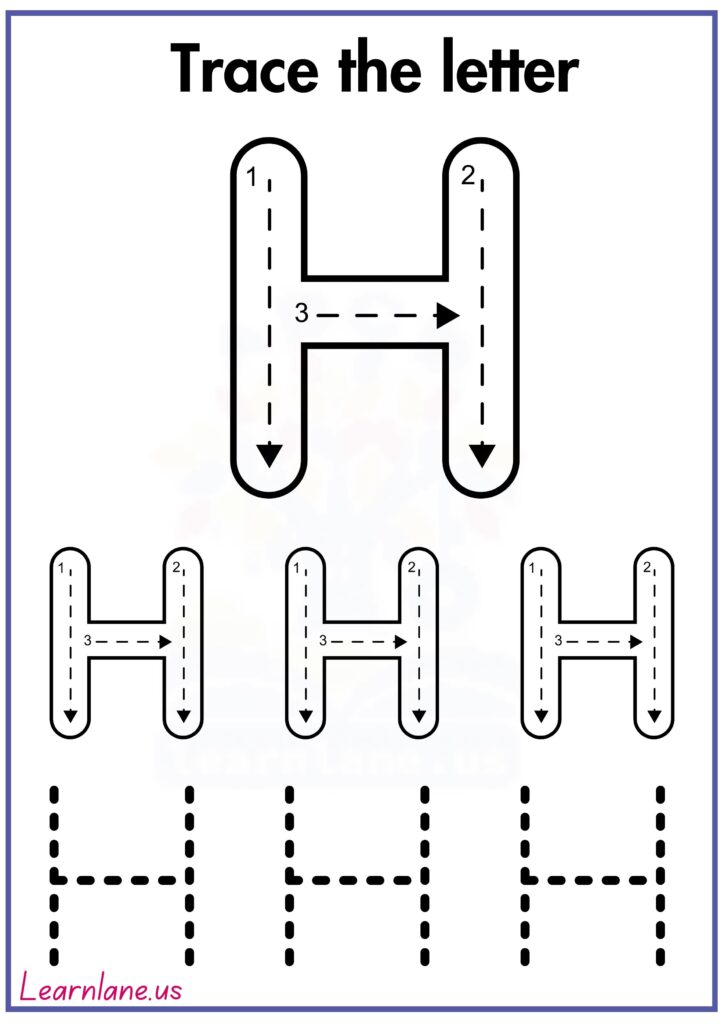 Trace the letter capital h following arrow worksheet for preschool