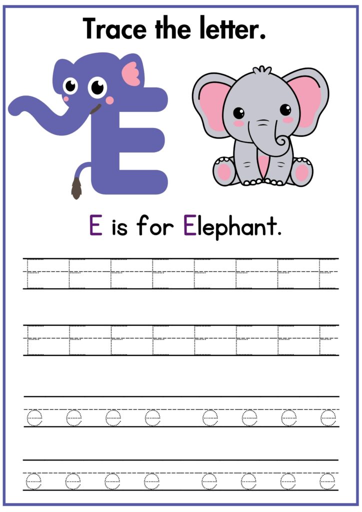 Trace the letter e and practice writing e worksheet for preschool