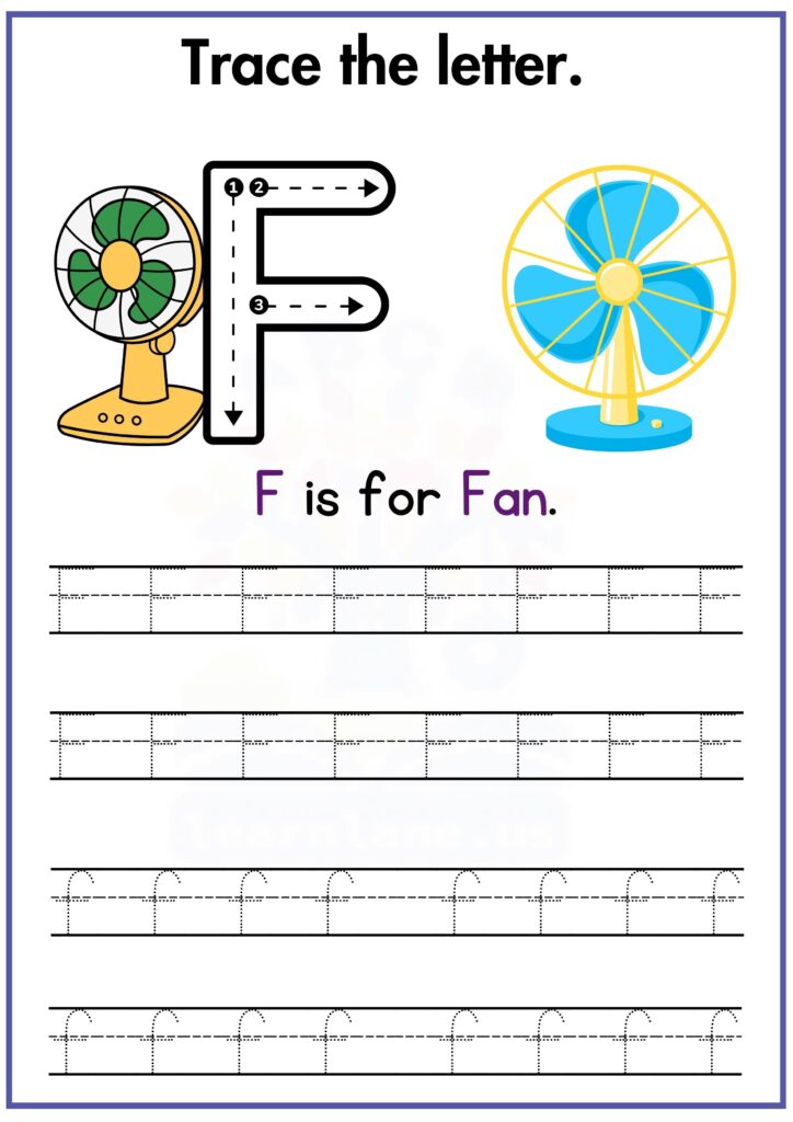 Trace the letter e and practice writing f worksheet for preschool