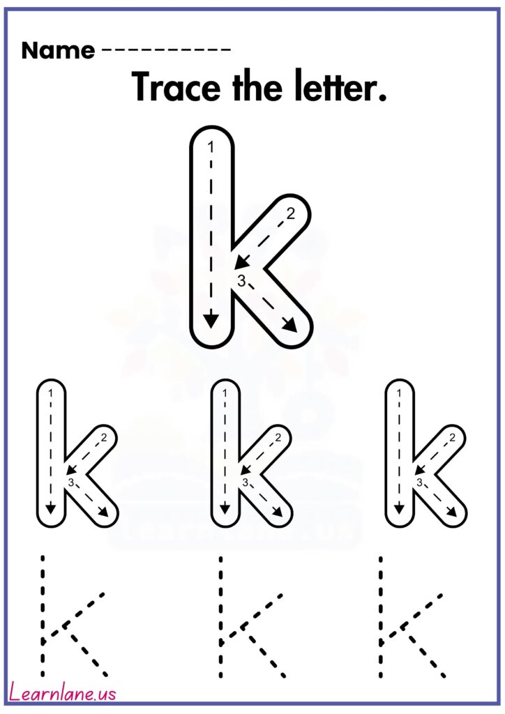 Trace the letter small k preschool workseet