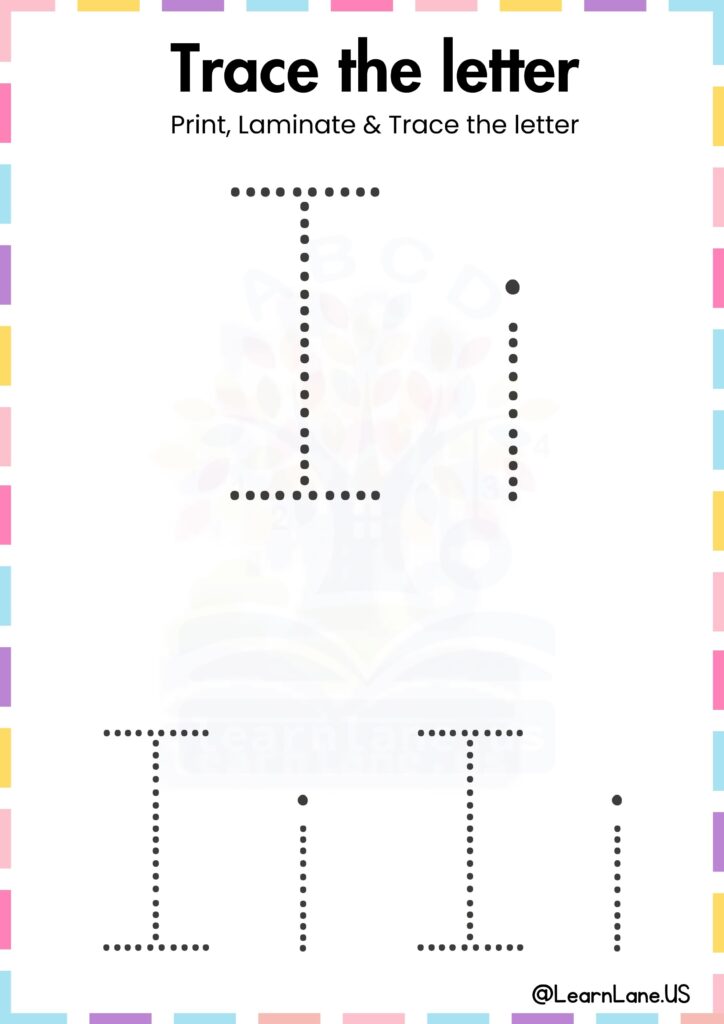 Trace the simple letter I preschool Worksheet