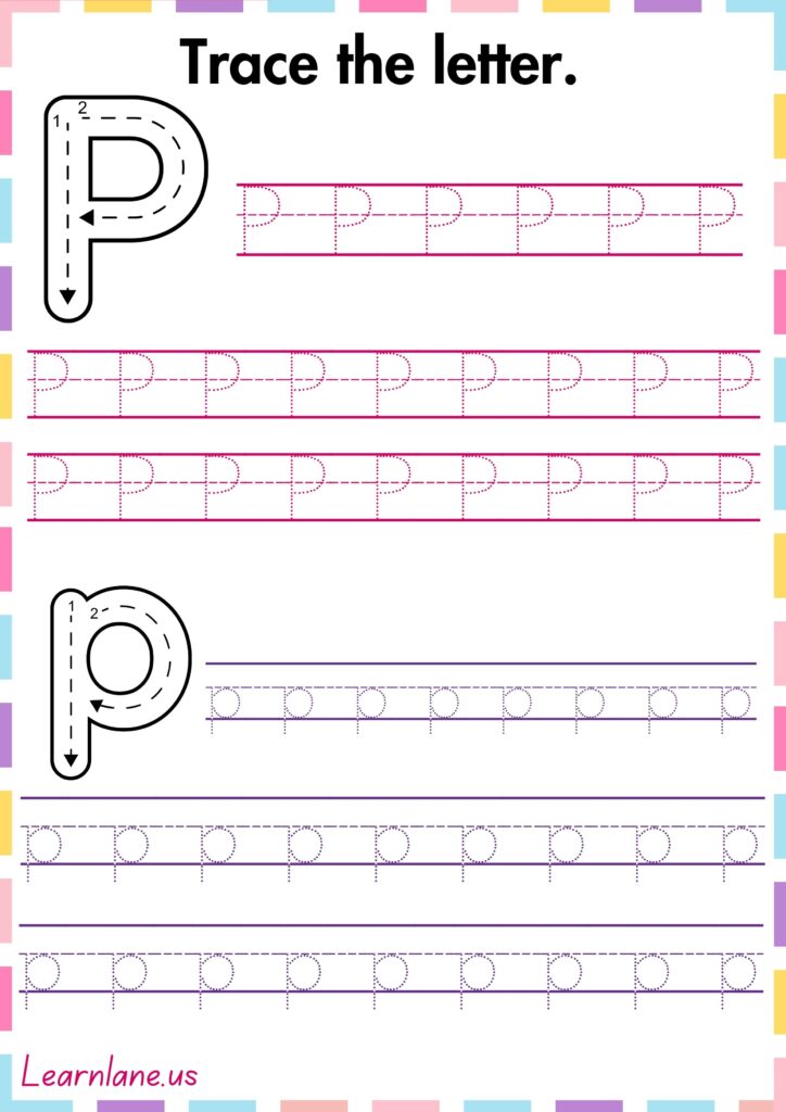 Image showing uppercase and lowercase P free printable tracing worksheet for preschool