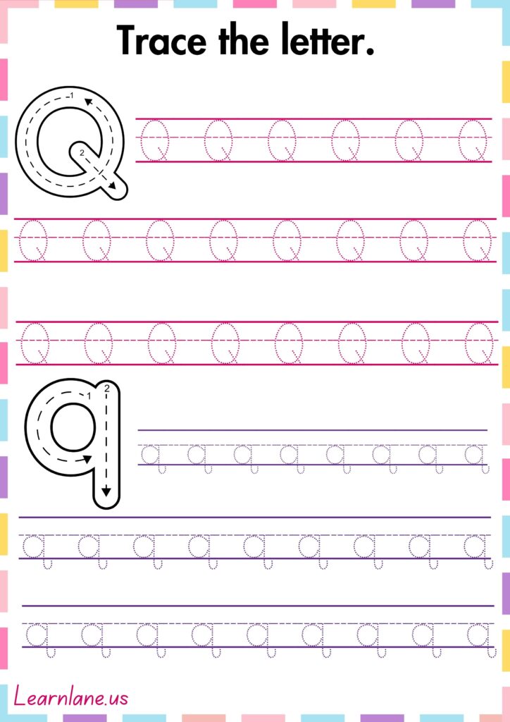 Image showing free printable preschool worksheets for learning both capital and small letter Q.
