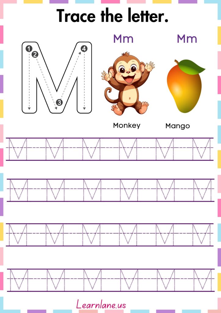 Trace and practice the letter Capital M worksheet for preschool