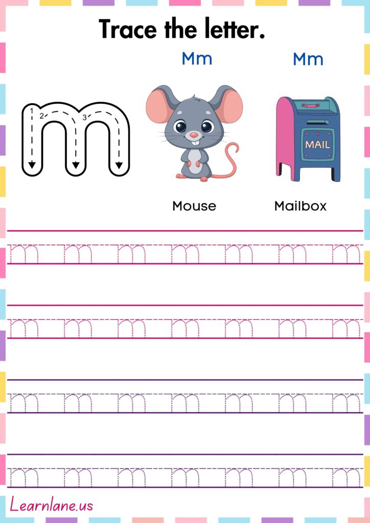 Trace and practice the small letter m preschool worksheet