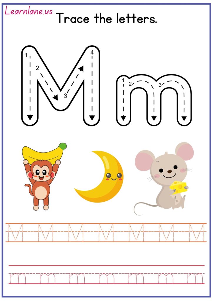 Trace both letters CAPITAL AND SMALL m preschool worksheet