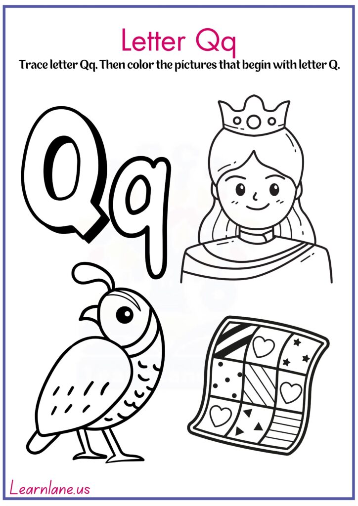 Image showing preschool letter Q worksheets with coloring and writing practice.
