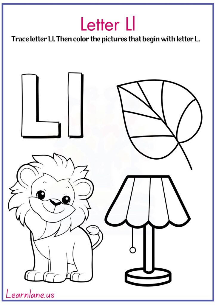 Trace letter l and color pictures that begin with letter k worksheet