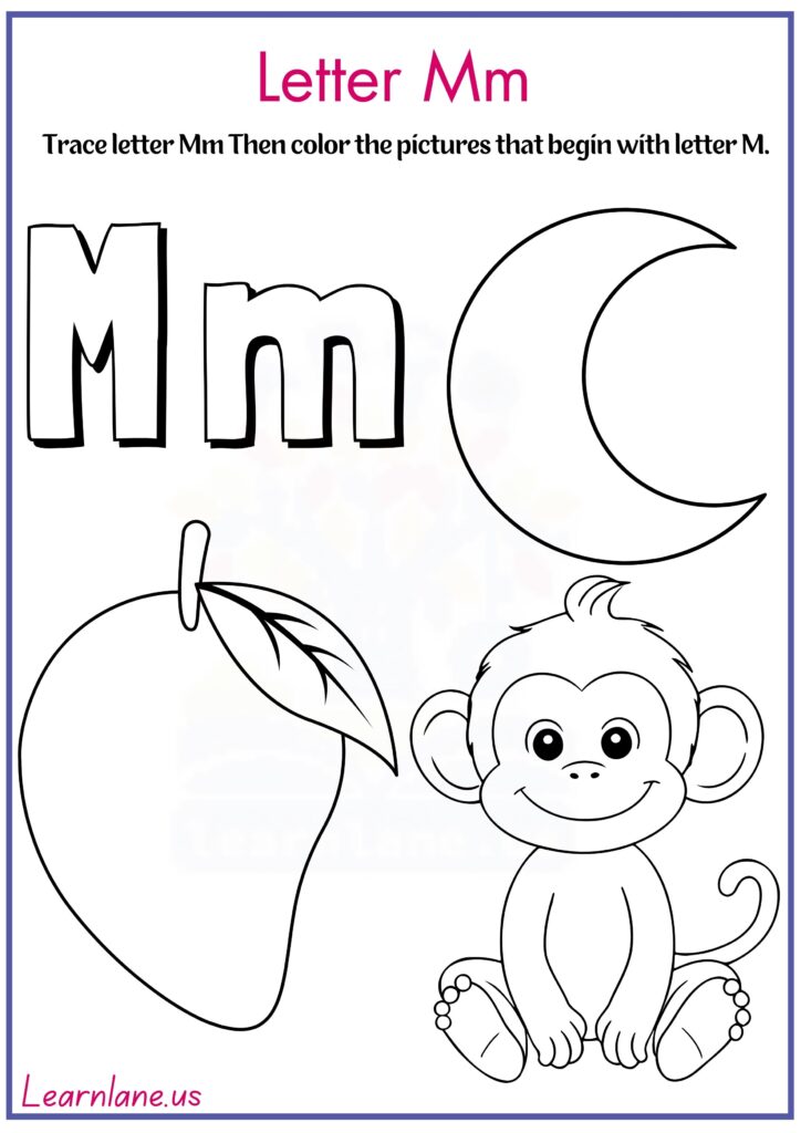 Trace letter m and color pictures that begin with letter m worksheet