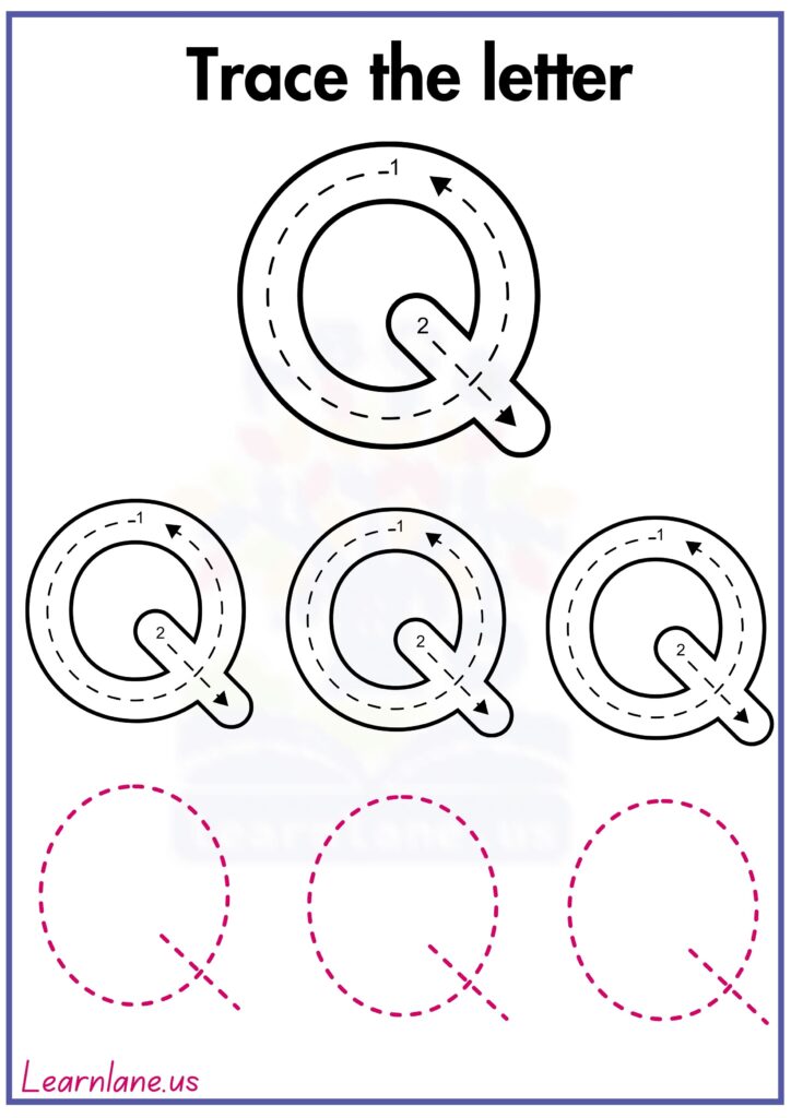 Image showing free printable letter Q handwriting worksheets for preschool learning.
