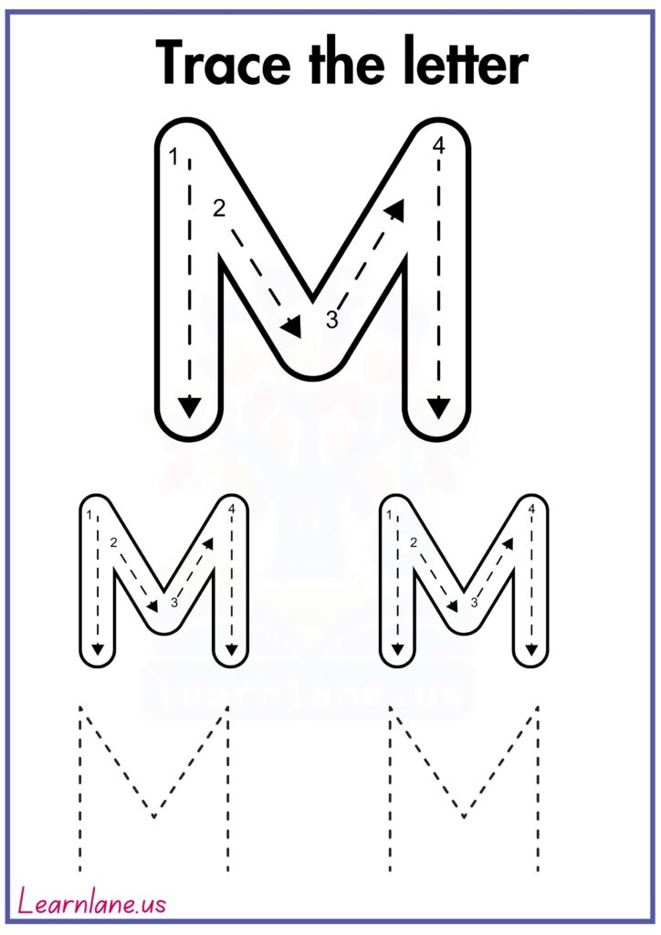 Trace the letter capital m following arrow worksheet for preschool