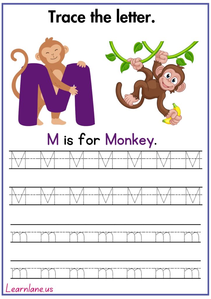 Trace the letter m and practice writing m worksheet for preschool
