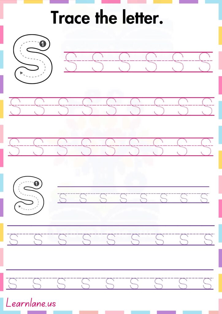 Trace and practice both Capital and small S preschool worksheet