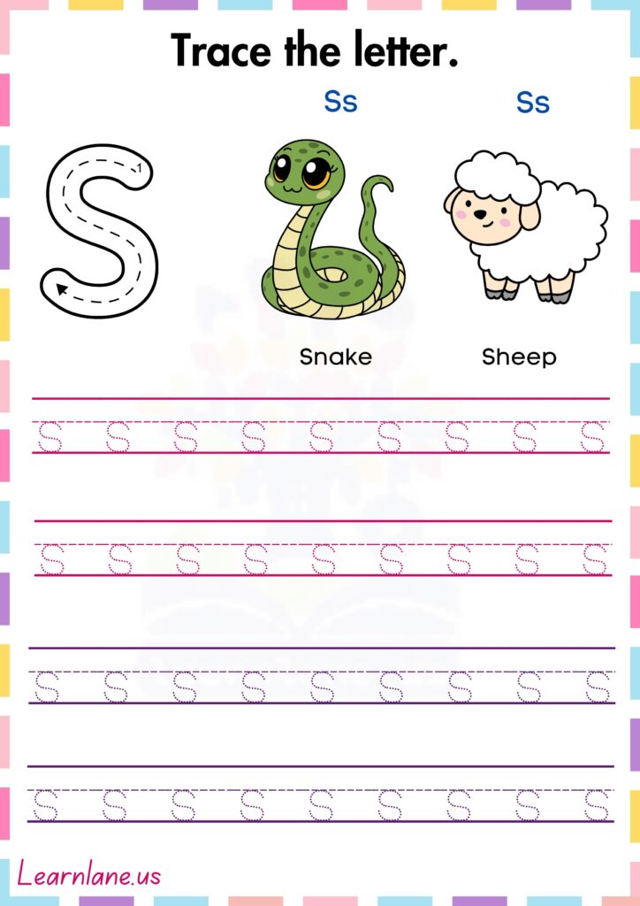 Trace and practice the small letter s preschool worksheet