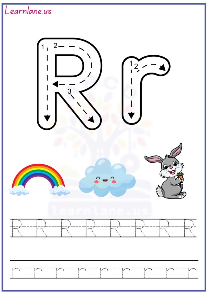 Trace both letters CAPITAL AND SMALL R preschool worksheet