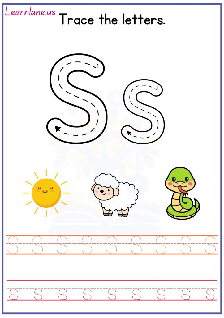 Trace both letters CAPITAL AND SMALL s preschool worksheet