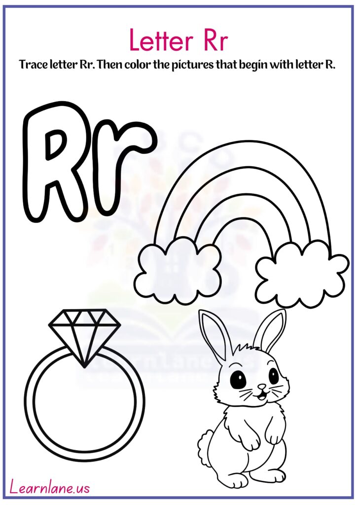 Trace letter R and color pictures that begin with letter R worksheet
