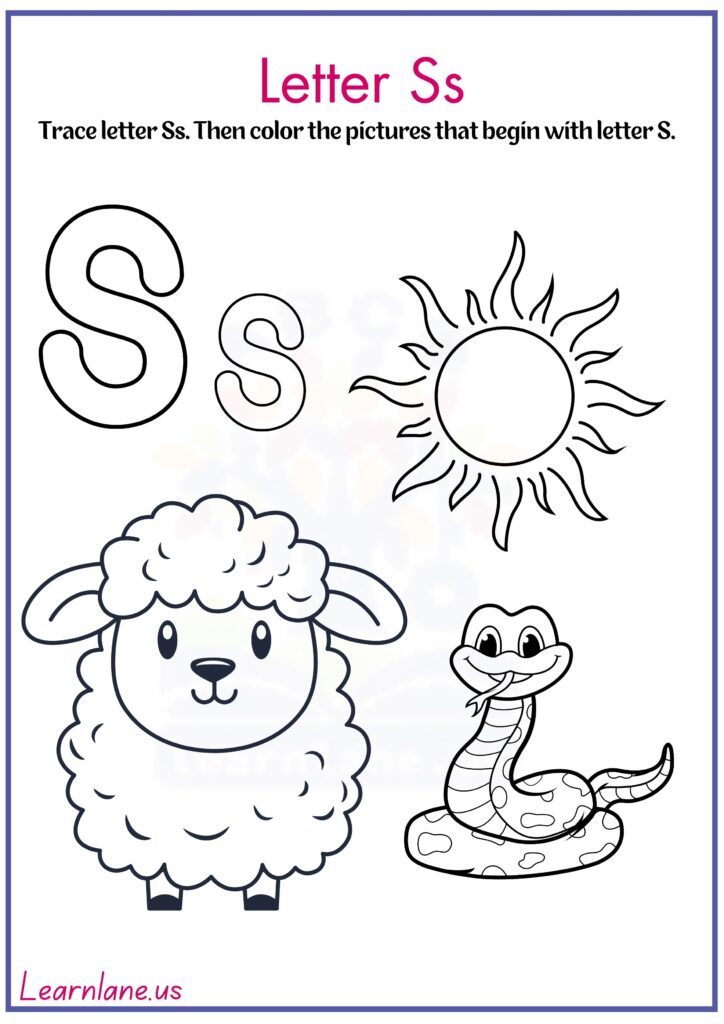 Trace letter S and color pictures that begin with letter s worksheet