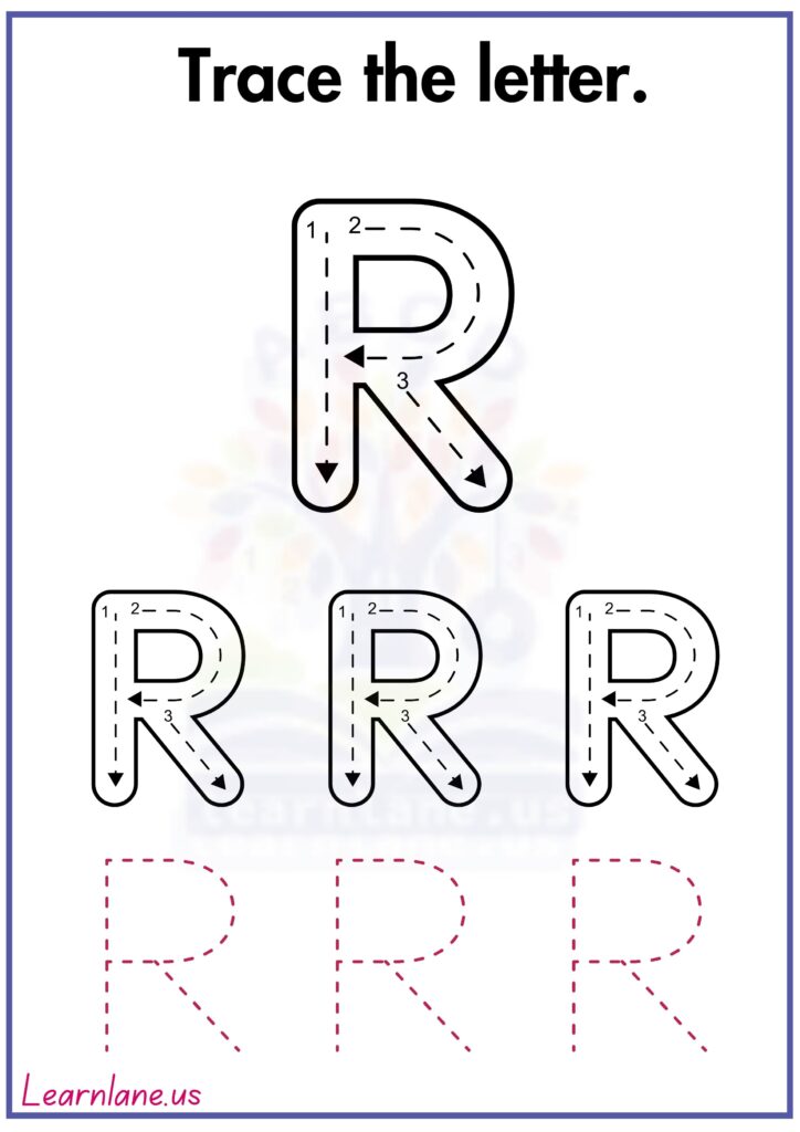 Trace the letter capital R following arrow worksheet for preschool
