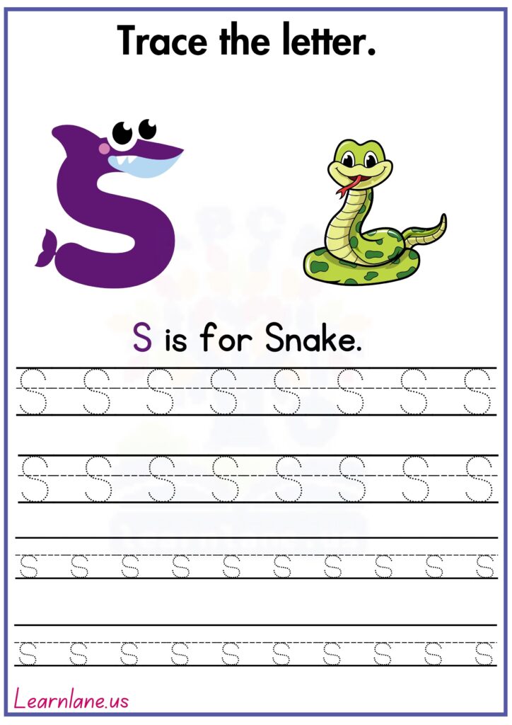Trace the letter s and practice writing S worksheet for preschool