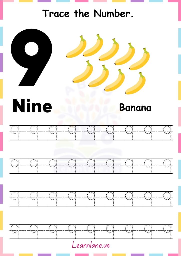 Preschool Number 9 Tracing Worksheet to Improve Fine Motor and Math Skills
