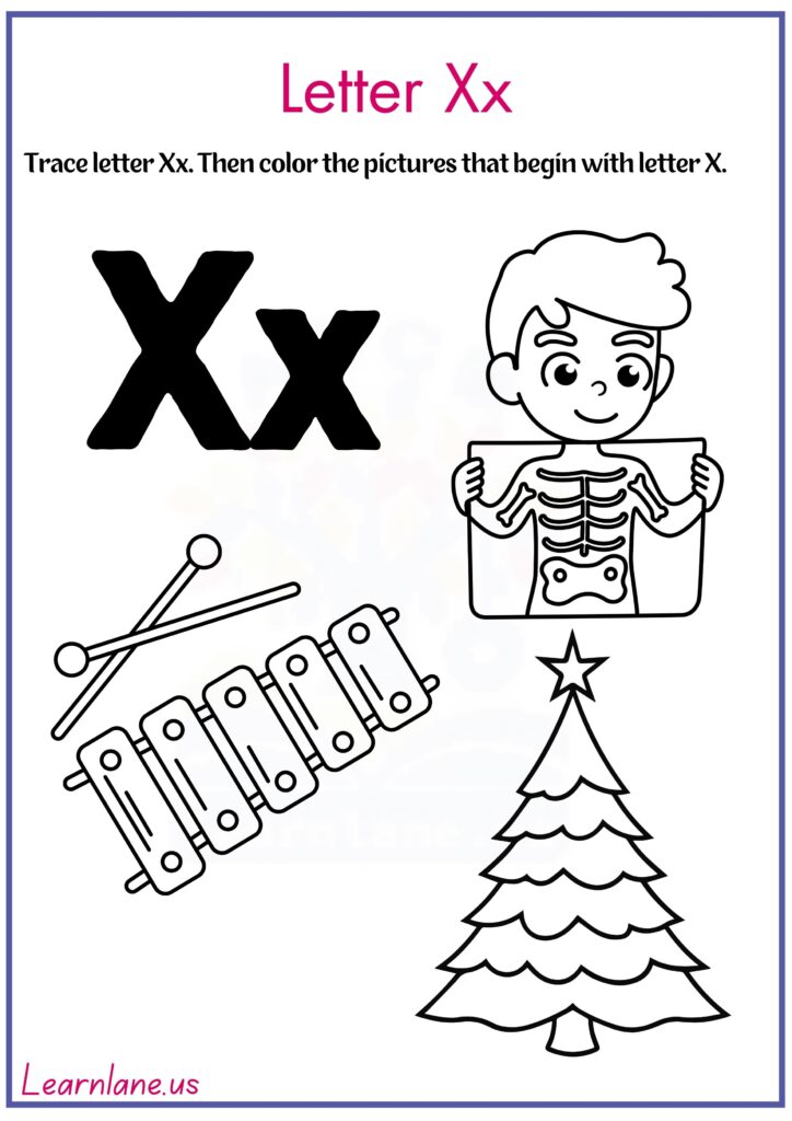 Image showing Trace letter X and color pictures that begin with letter X worksheet
