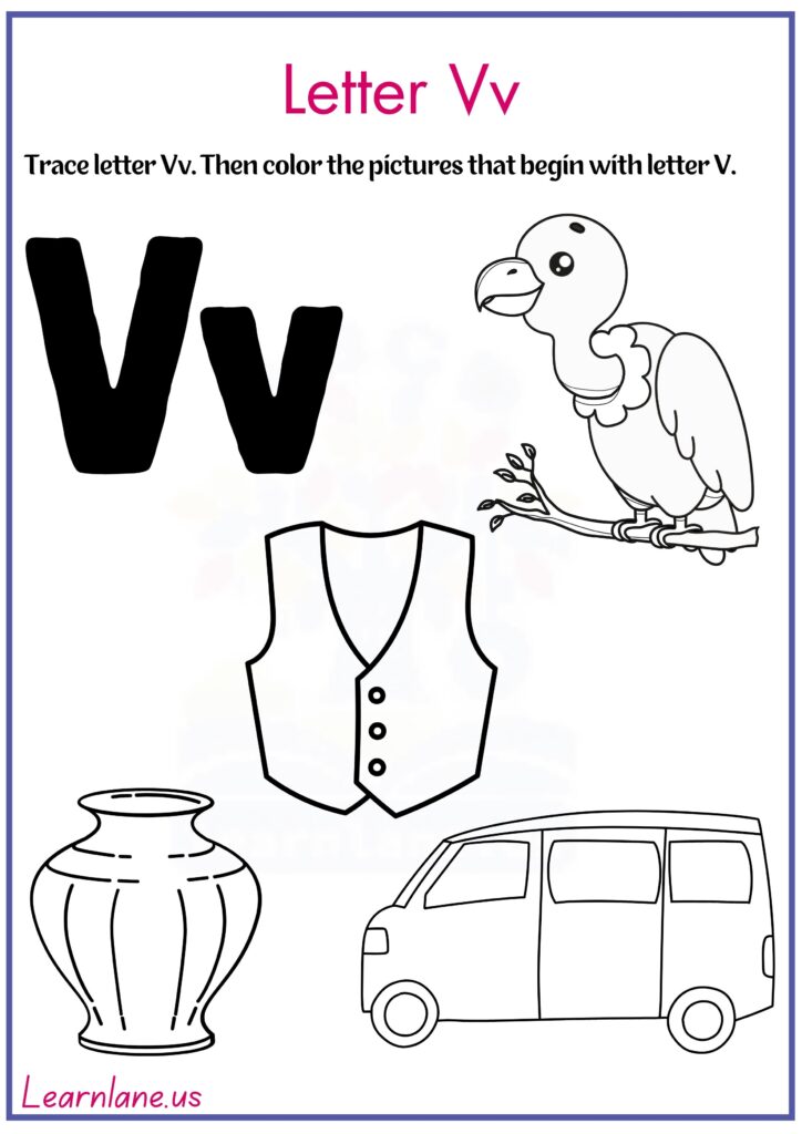 Image showing Trace letter V and color pictures that begin with letter V worksheet