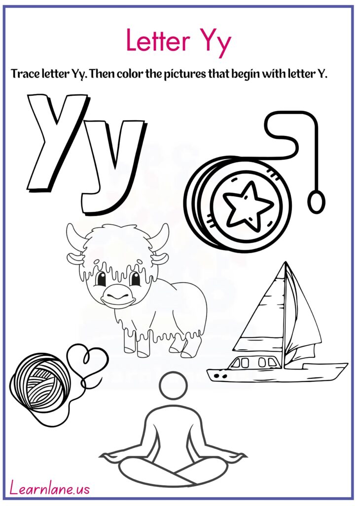 Image showing Trace letter y and color pictures that begin with letter y worksheet