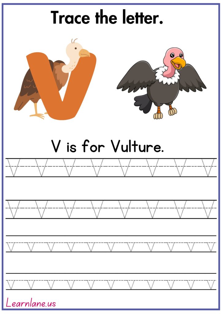 Image showing Trace the letter V and practice writing V worksheet for preschool